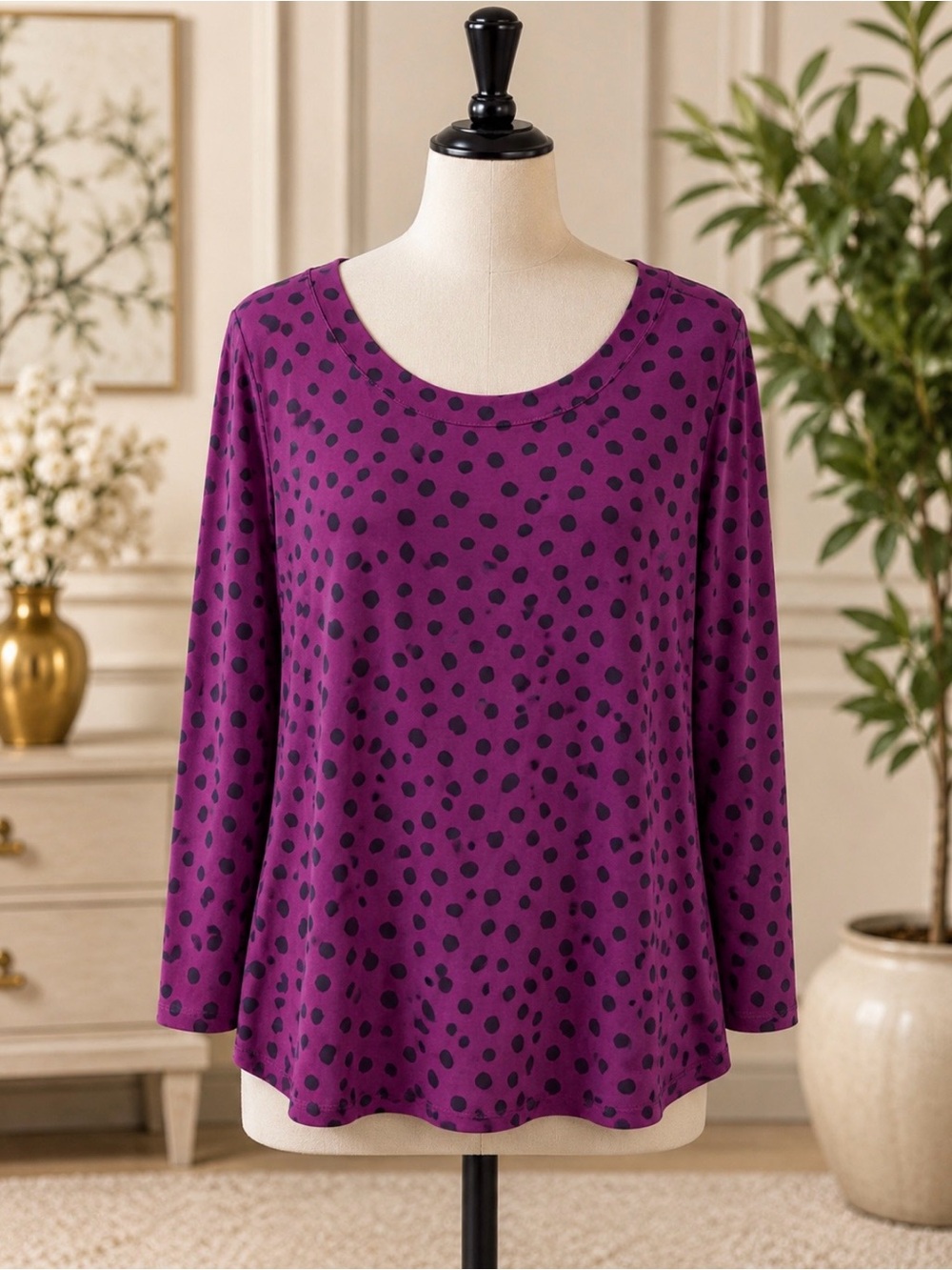 Anne Klein Purple Long Sleeve Scoop Neck Polka Dot Top